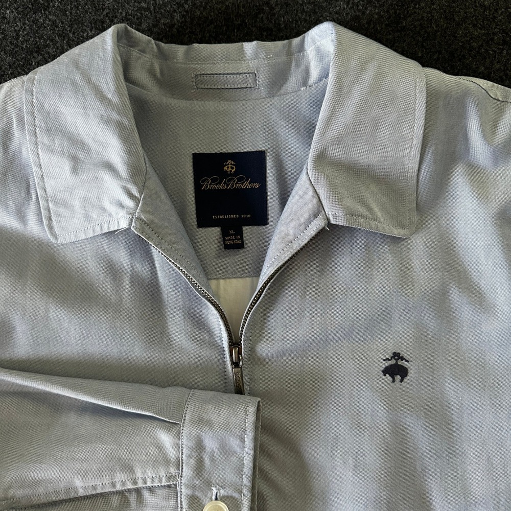 Brooks Brothers Mens XL Light Blue Oxford Cotton Full Zip Harrington Jacket